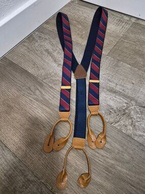 Genuine Leather Suspender Braces Navy Burgundy Stripe Gold Hardware W Germany